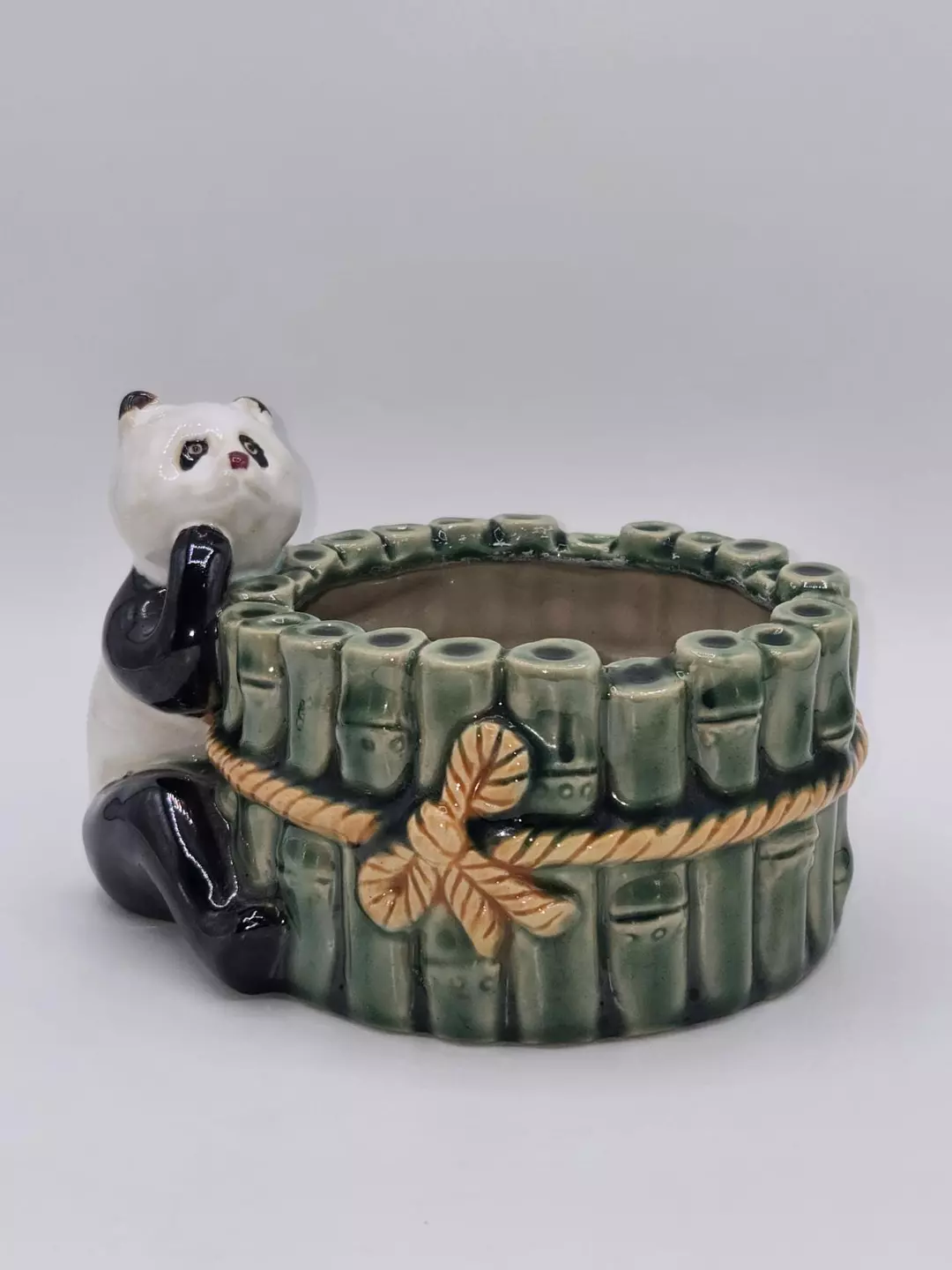 Vintage Panda Bamboo Planter Ceramic Cachepot Jungle Animal Pot Holder thumbnail