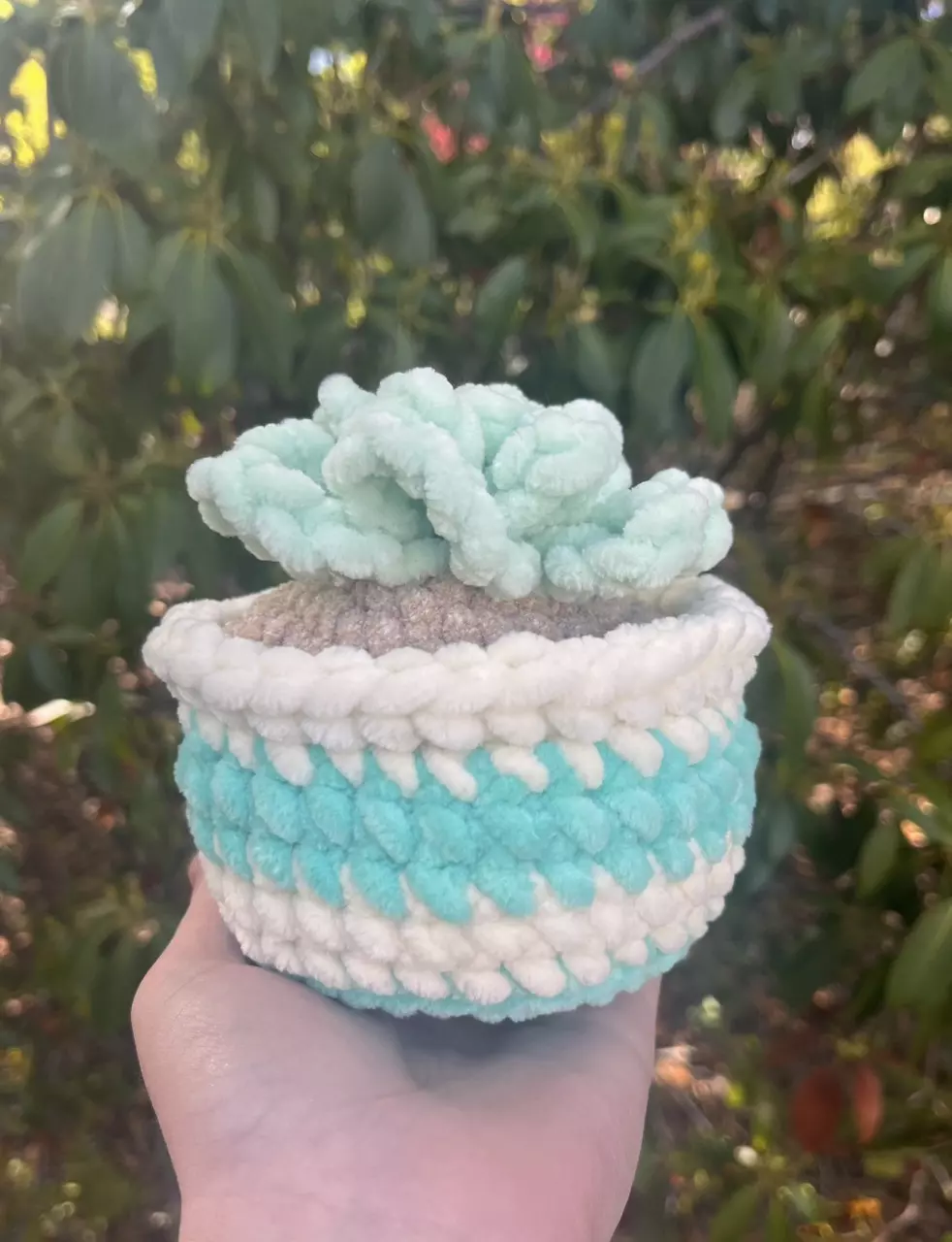 ✨Crochet Aqua and Ivory Striped Small Potted Plant✨ thumbnail