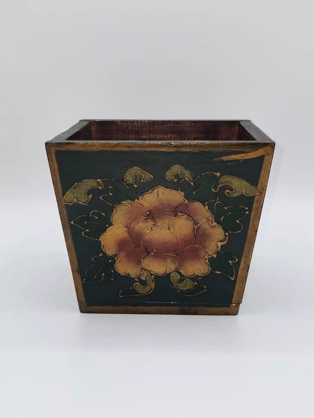 Vintage Hand Painted Wooden Planter Box Floral Folk Art Cachepot thumbnail