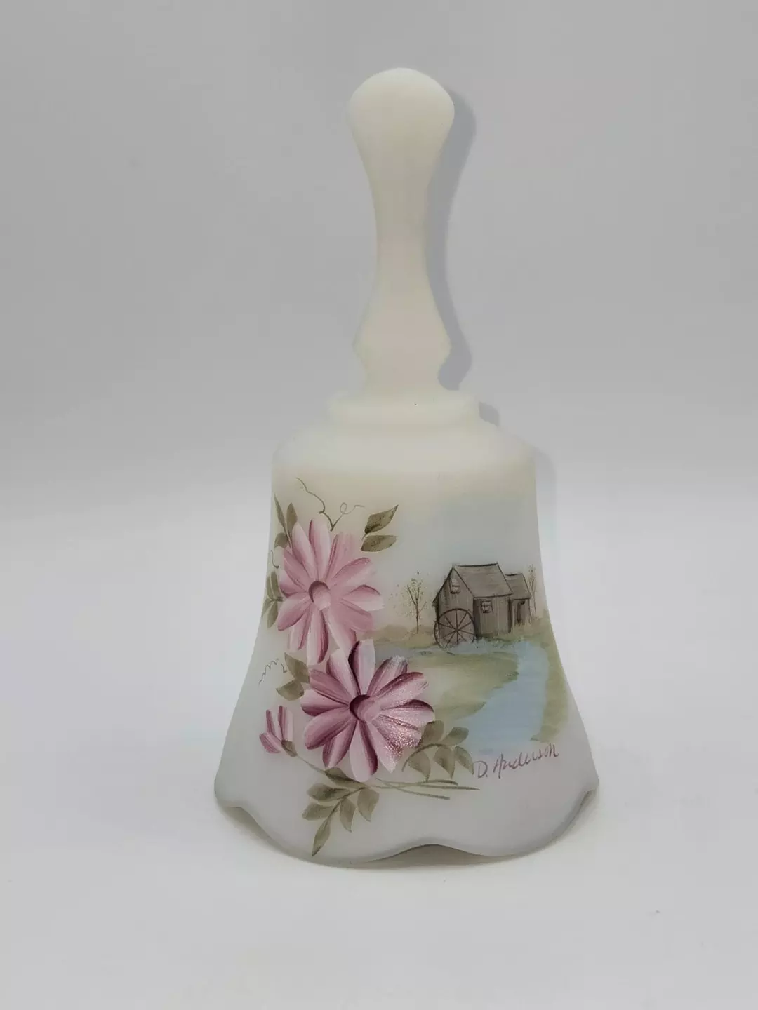 Fenton Satin Glass Hand Painted Musical Bell Signed D. Anderson thumbnail