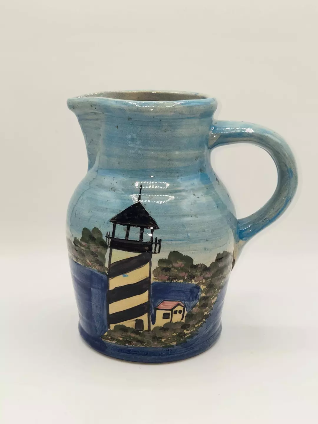 WCL Pottery Hand Painted Lighthouse Pitcher Coastal Nautical Ceramic Jug thumbnail