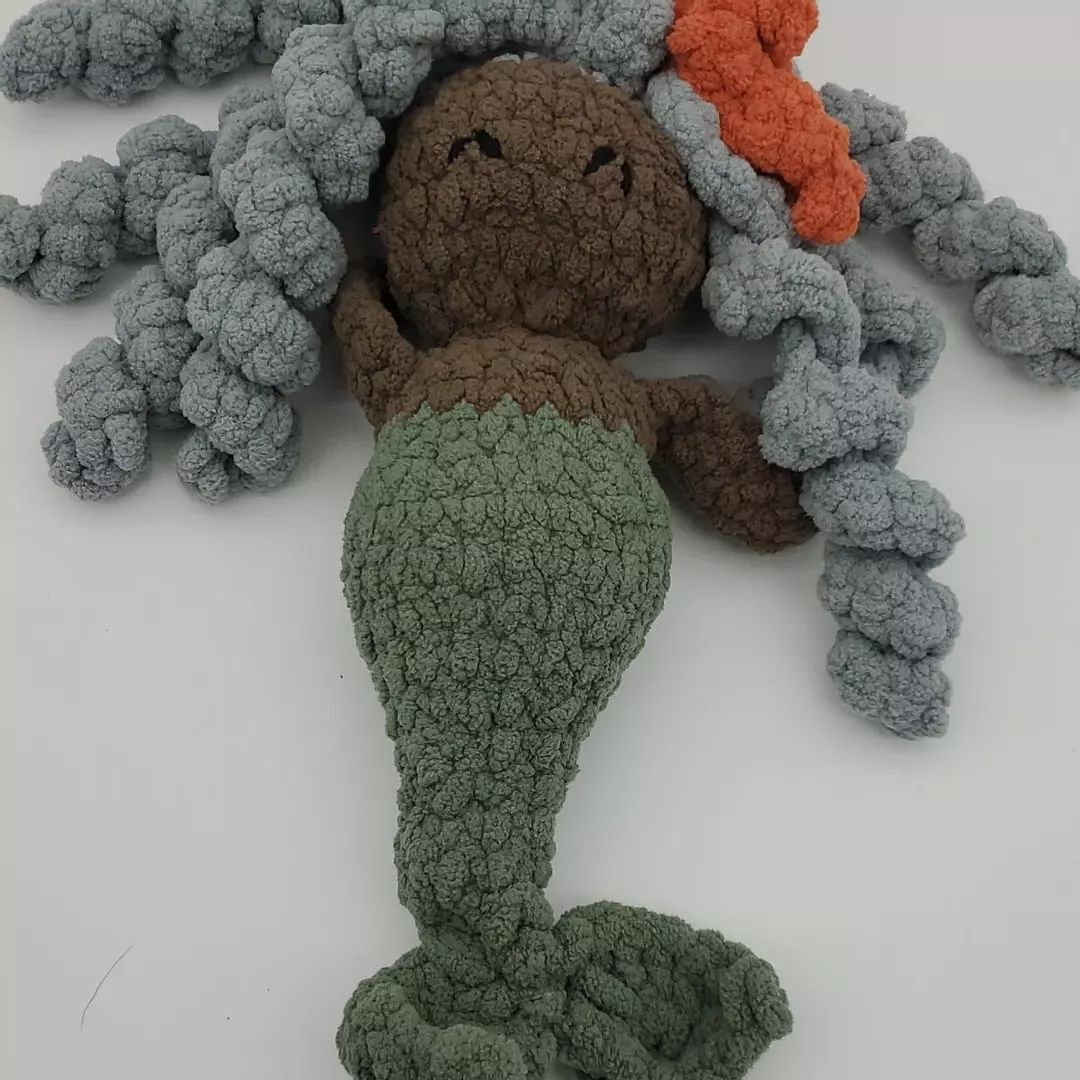 Crochet Mermaid w/Blue Gray Ringlet-Curly Hair Orange Bow thumbnail