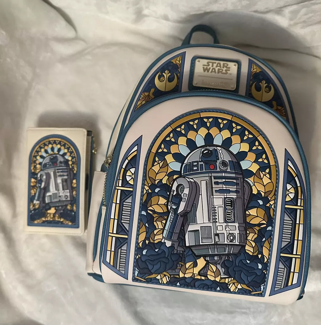 Loungefly Hard Tag ⭐️ Star Wars ⭐️ R2D2 🤖stained glass backpack & wallet SET thumbnail