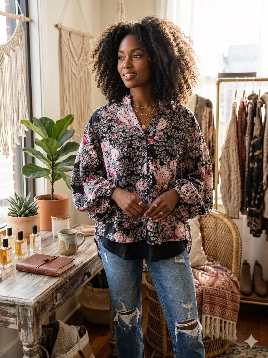Embroidery button down top thumbnail