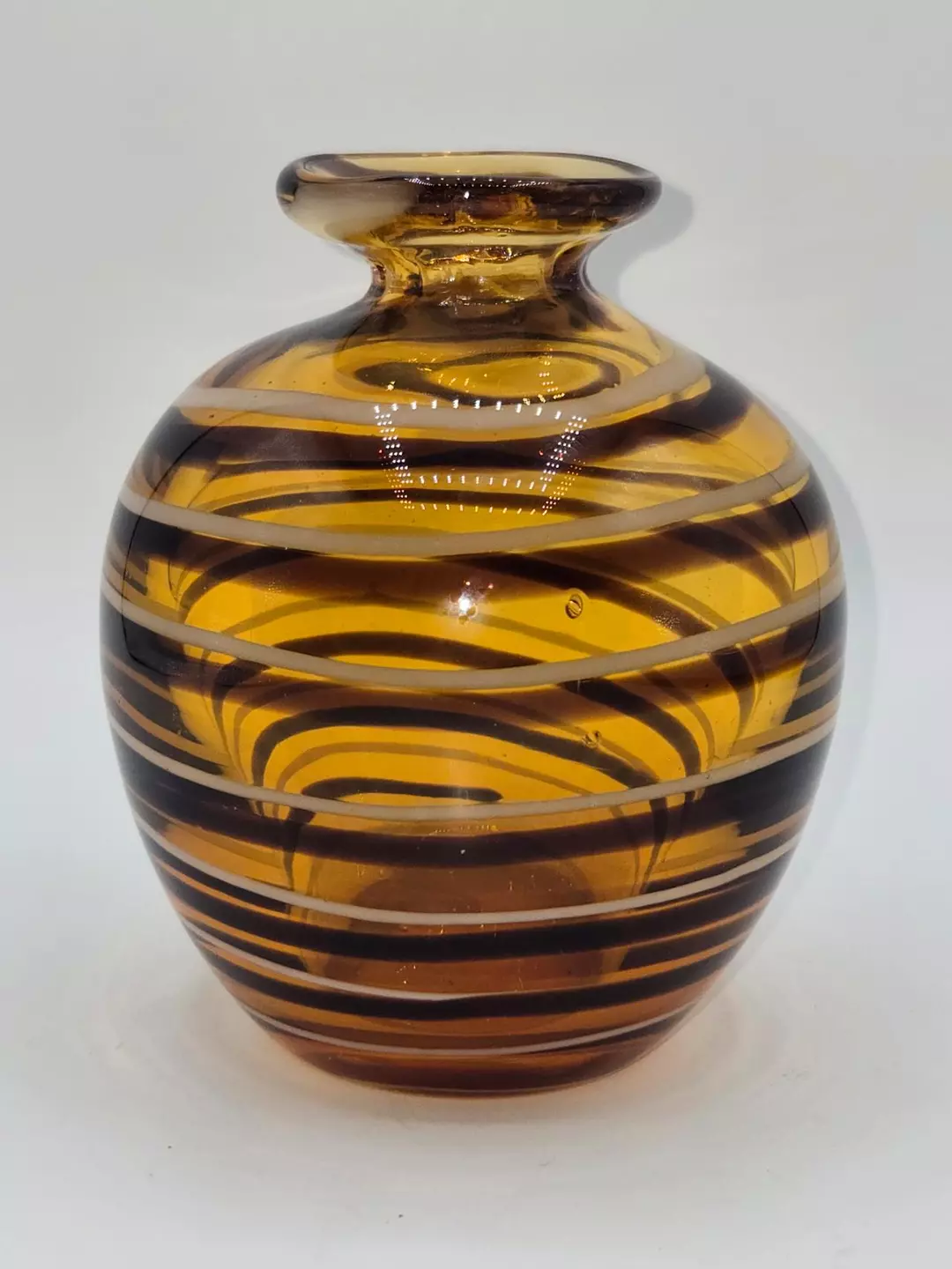 Vintage Amber Art Glass Vase Applied White Ribbon Swirl Hand Blown Glass Vase thumbnail