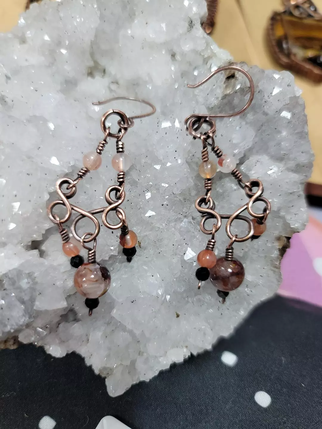 Copper earring set chandelier style with Fire Quartz and black obsidian thumbnail