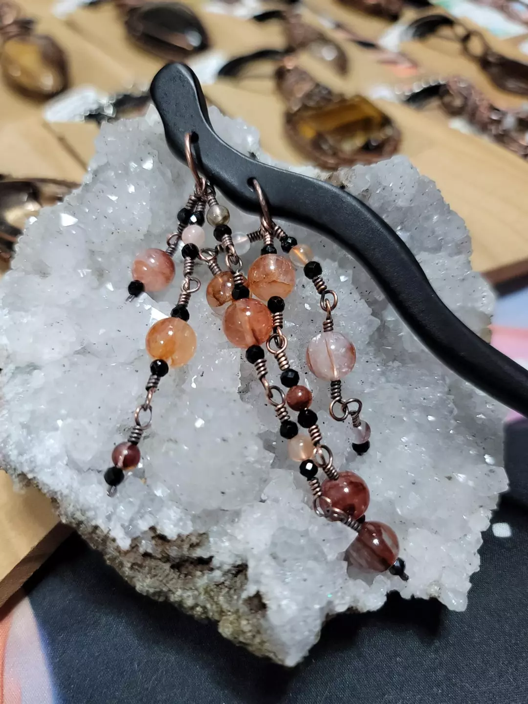 Hair stick 7" wood with Fire Quartz and Black Obsidian thumbnail