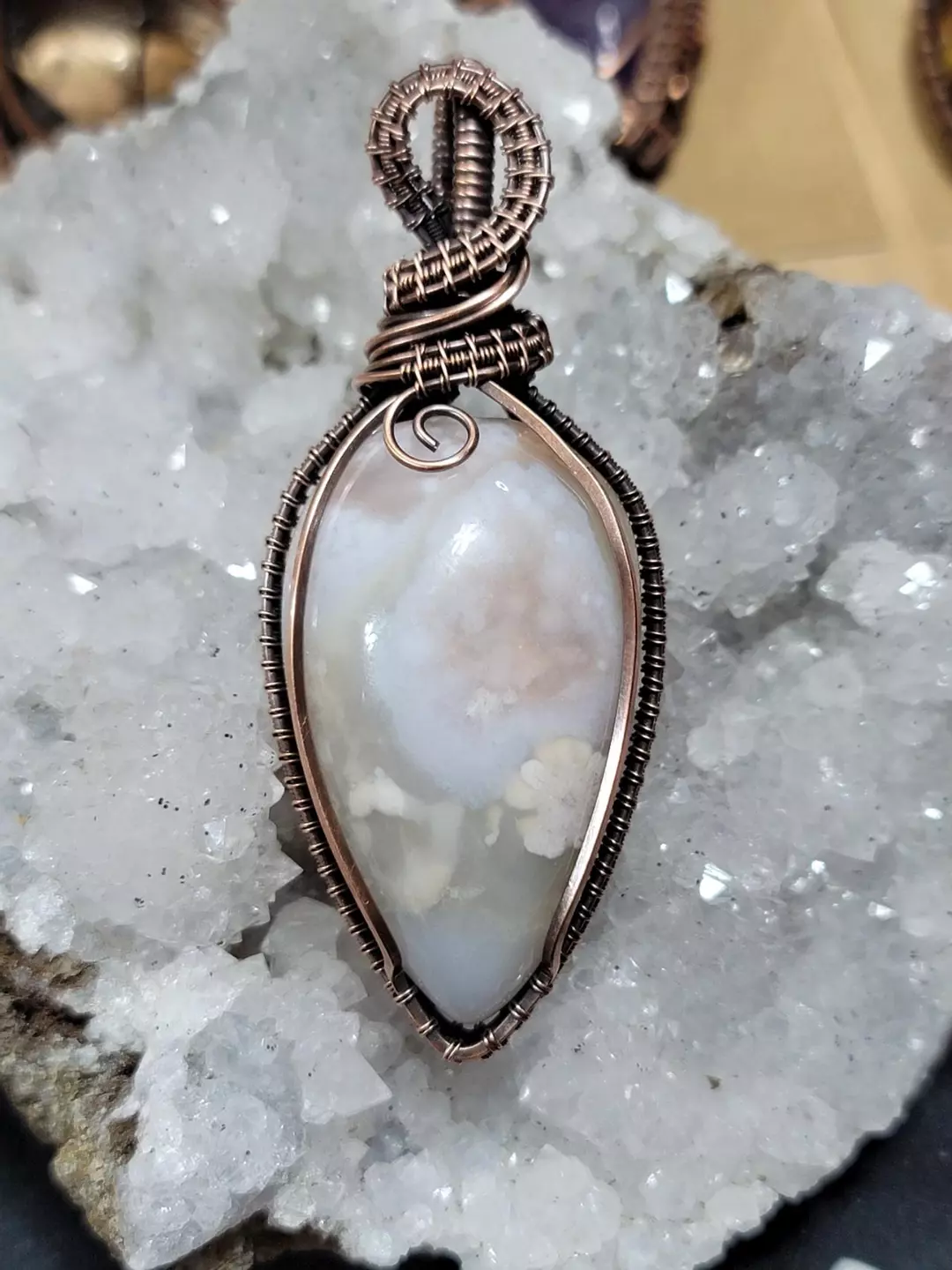 Copper wrapped pendant with flower agate thumbnail