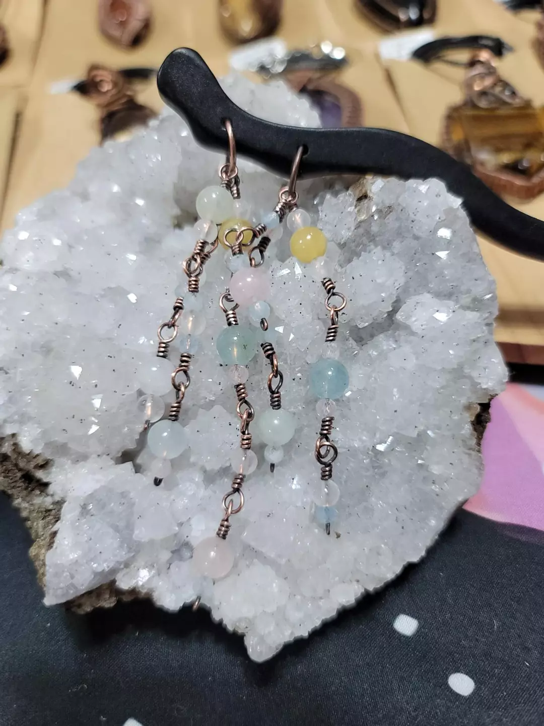 Hair stick 7" wood with morganite and rose quartz thumbnail