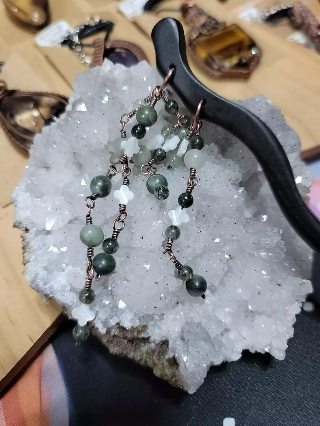 Hair stick 7" wood with Green garden quartz, green rutile and shell thumbnail