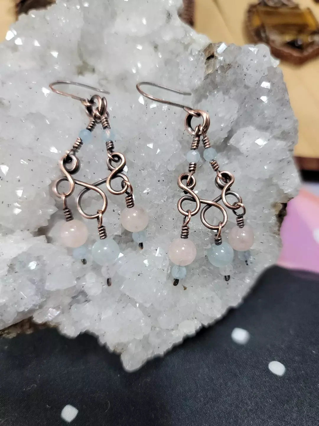 Copper earring set small chandelier style with morganite thumbnail