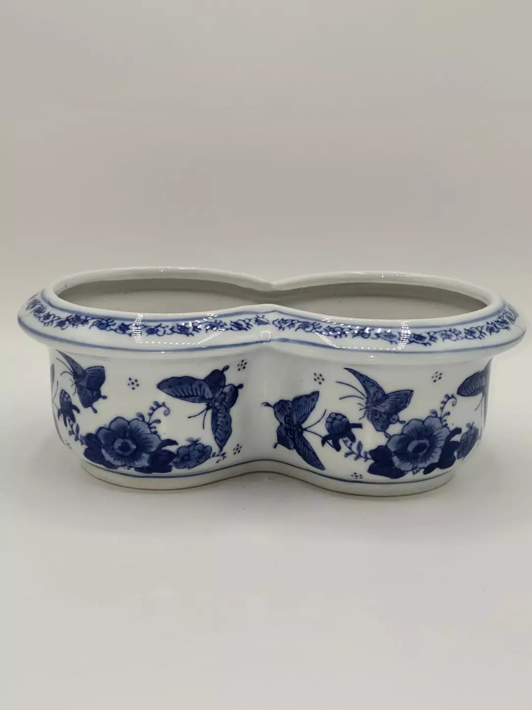 Vintage Blue White Porcelain Double Planter Butterfly Floral Cache Pot Japan thumbnail