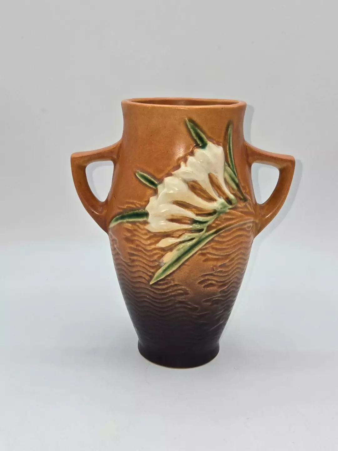 Roseville Freesia Vase 117-6 Double Handle Brown Art Pottery 1940s thumbnail