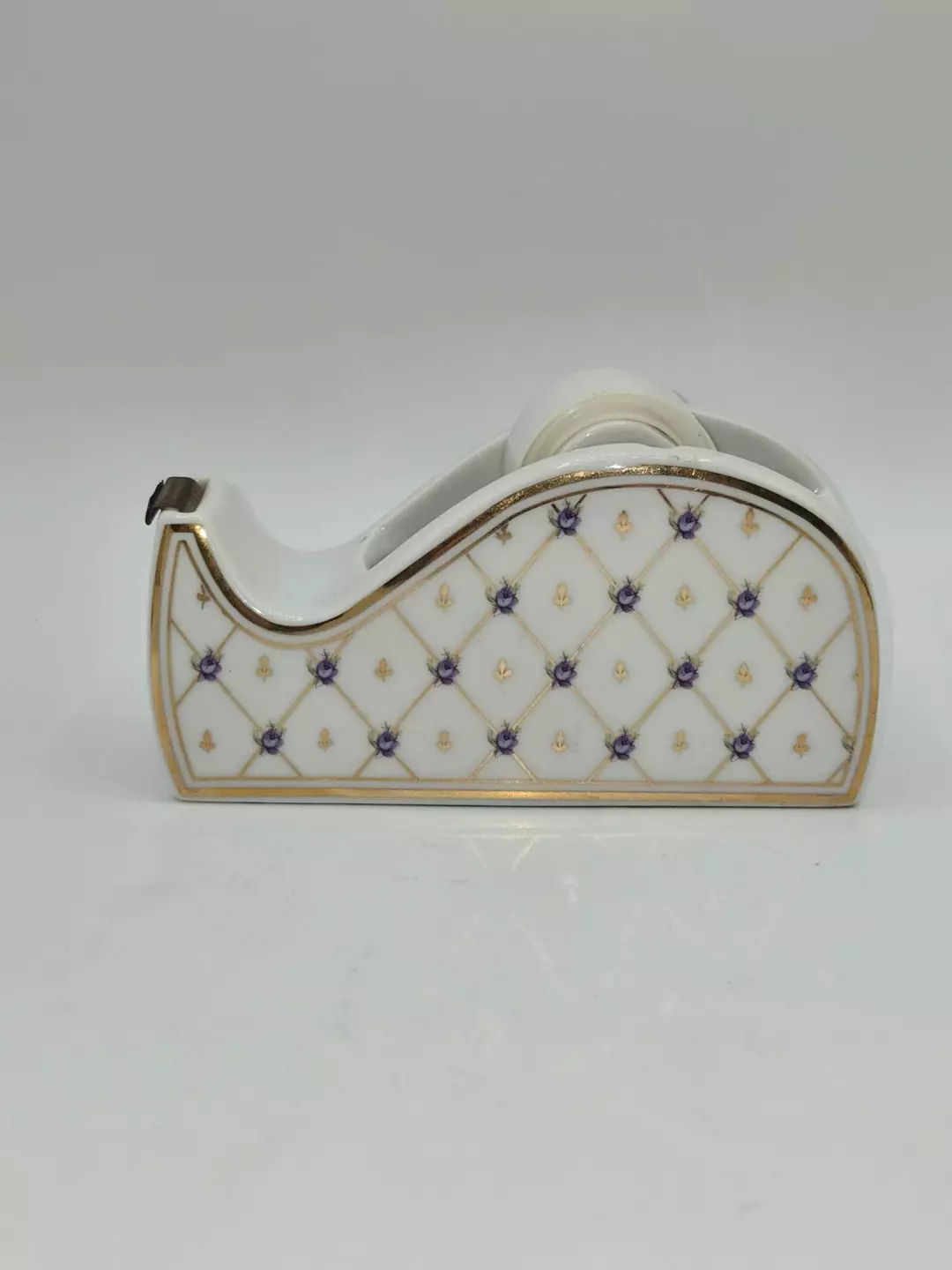 Vintage Otagiri Japan Porcelain Tape Dispenser Purple Floral Gold Lattice thumbnail