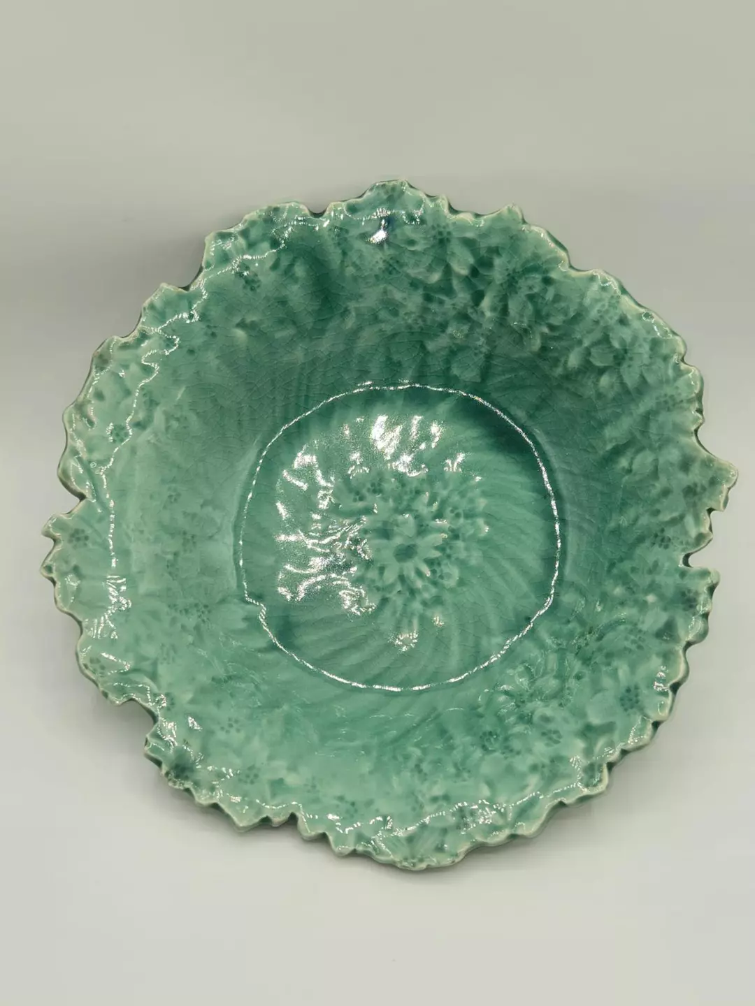 Vintage Aqua Art Pottery Bowl Floral Scalloped Edge Turquoise Glazed Centerpiece thumbnail