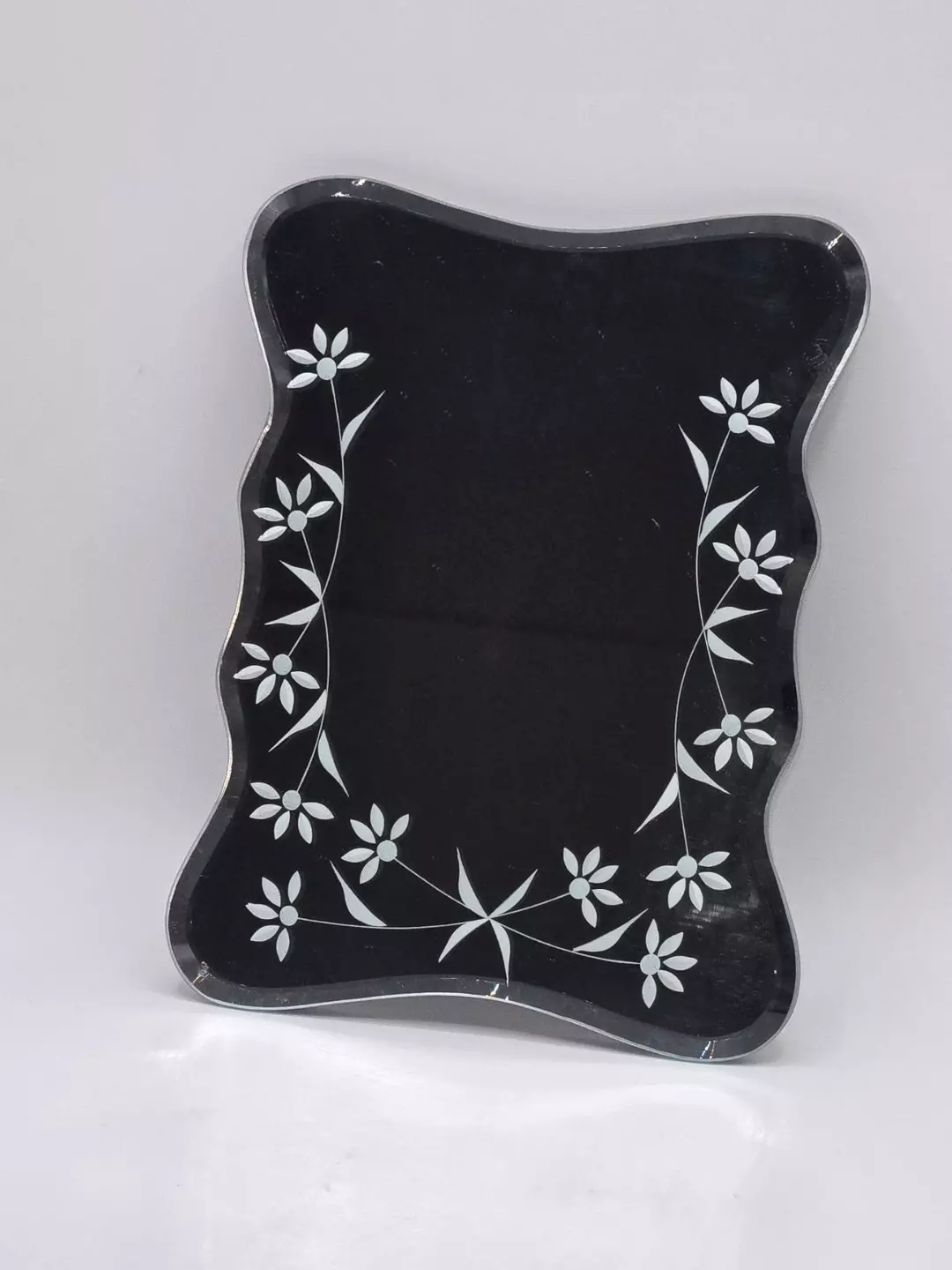 Vintage Etched Glass Wall Mirror Floral Vanity Mirror Scalloped Edge Decor thumbnail