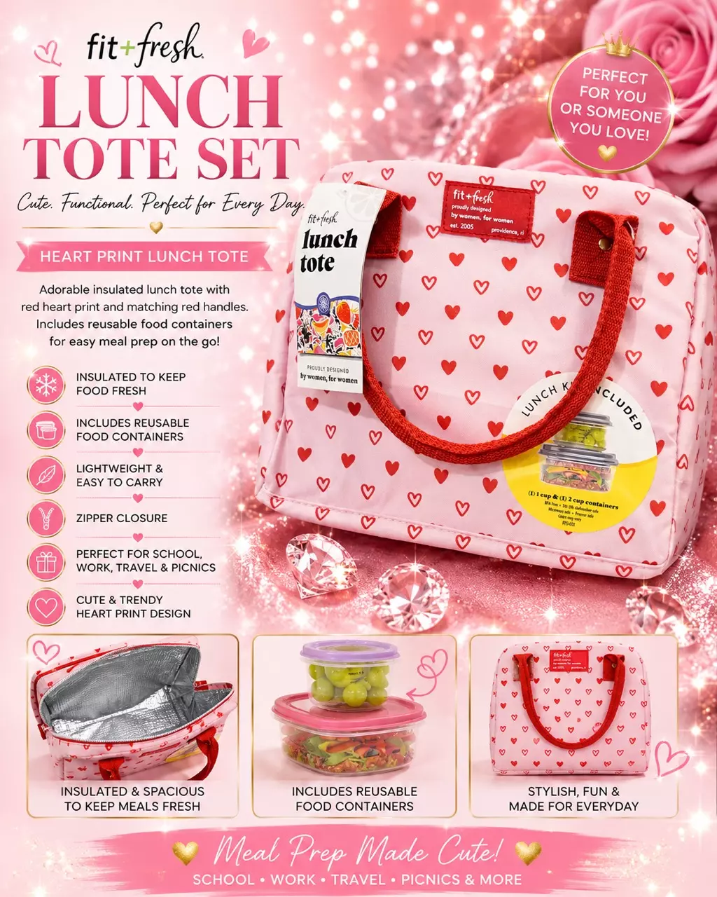 Fit + Fresh Heart Print Lunch Tote Set 💕🍓 thumbnail