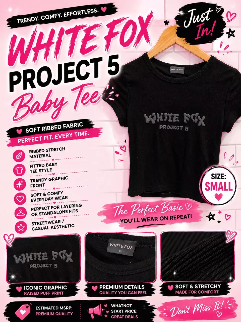 White Fox Project 5 Ribbed Baby Tee – Size Small thumbnail