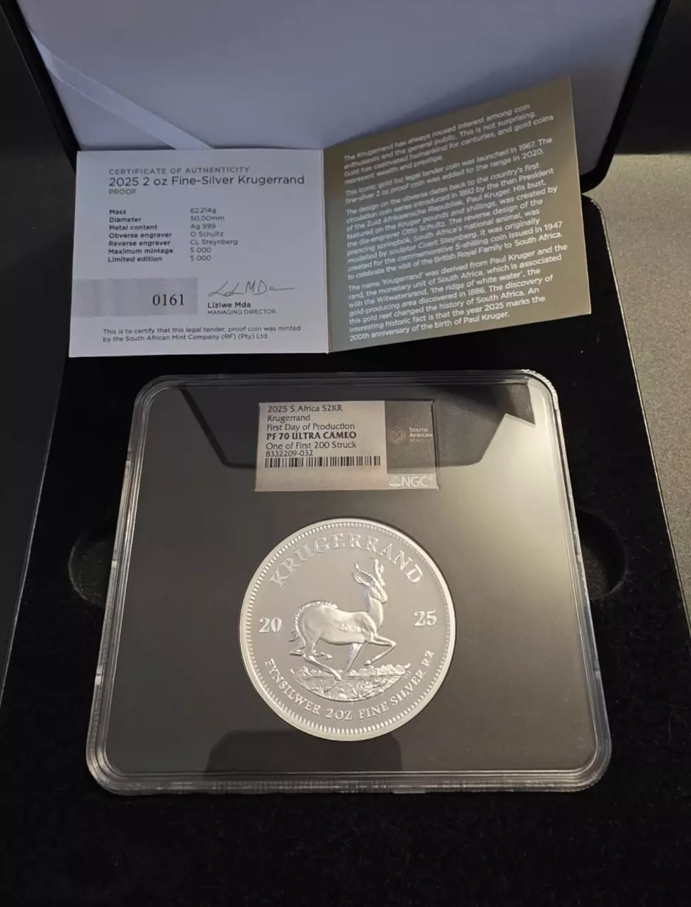 2025 South Africa Silver Krugerrand 2oz NGC PF70UC FDOP 1 of 1st 200 Struck thumbnail