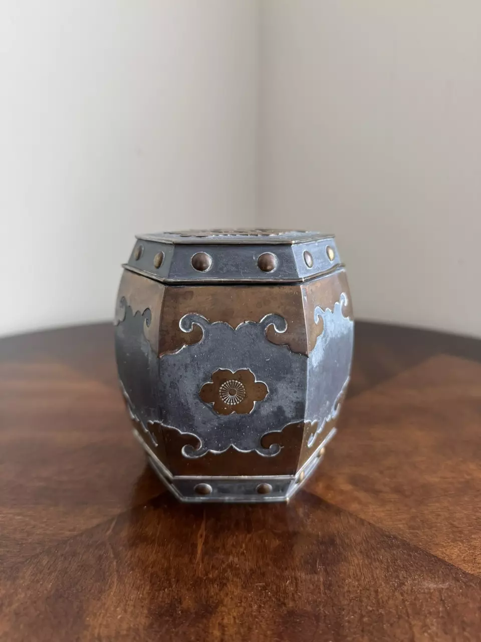 Vintage copper & pewter lidded barrel canister thumbnail