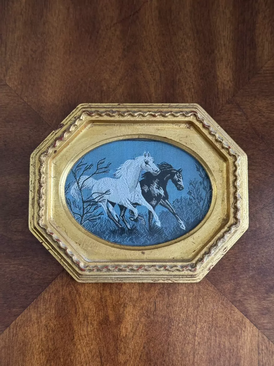 Vintage framed jacquard fabric of galloping horses thumbnail