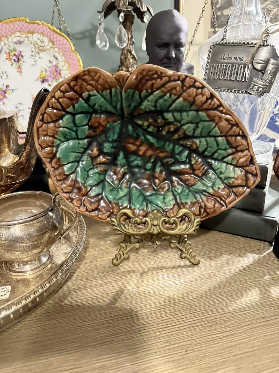 antique English majolica leaf plate thumbnail