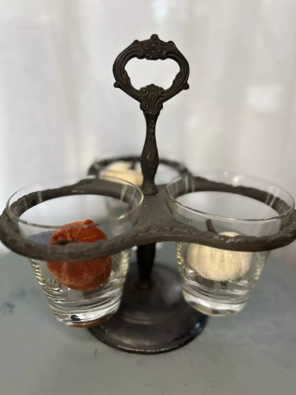 Vintage Cast Iron Condiment Caddy with Glass Cups – 1940s-60s thumbnail