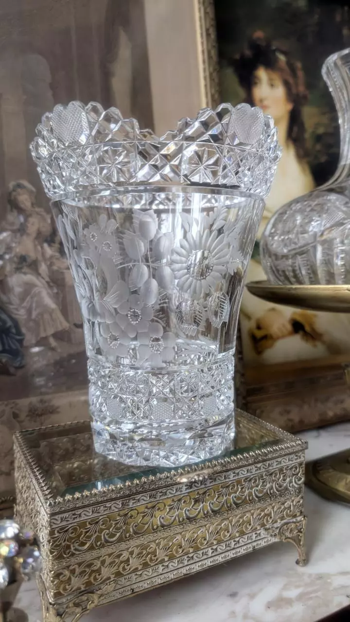 vintage Crystal Vase with etched flowers thumbnail
