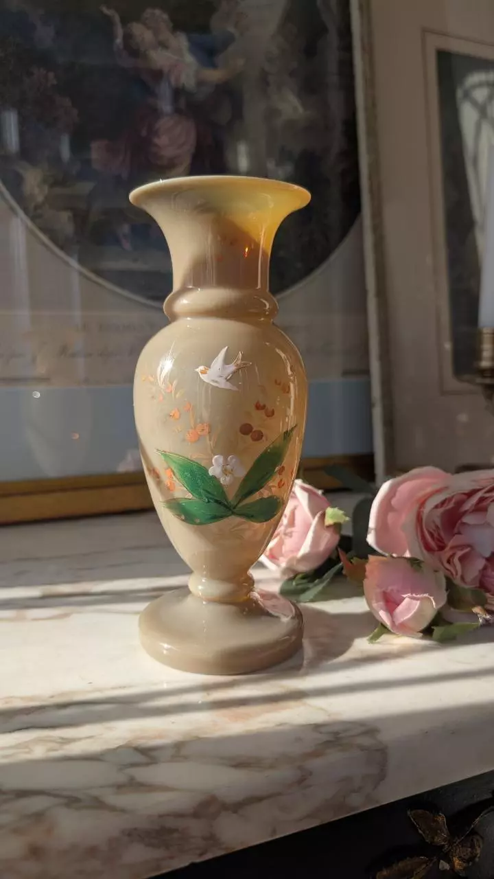 Unique opaline vase with hand-painted birds & flowers thumbnail