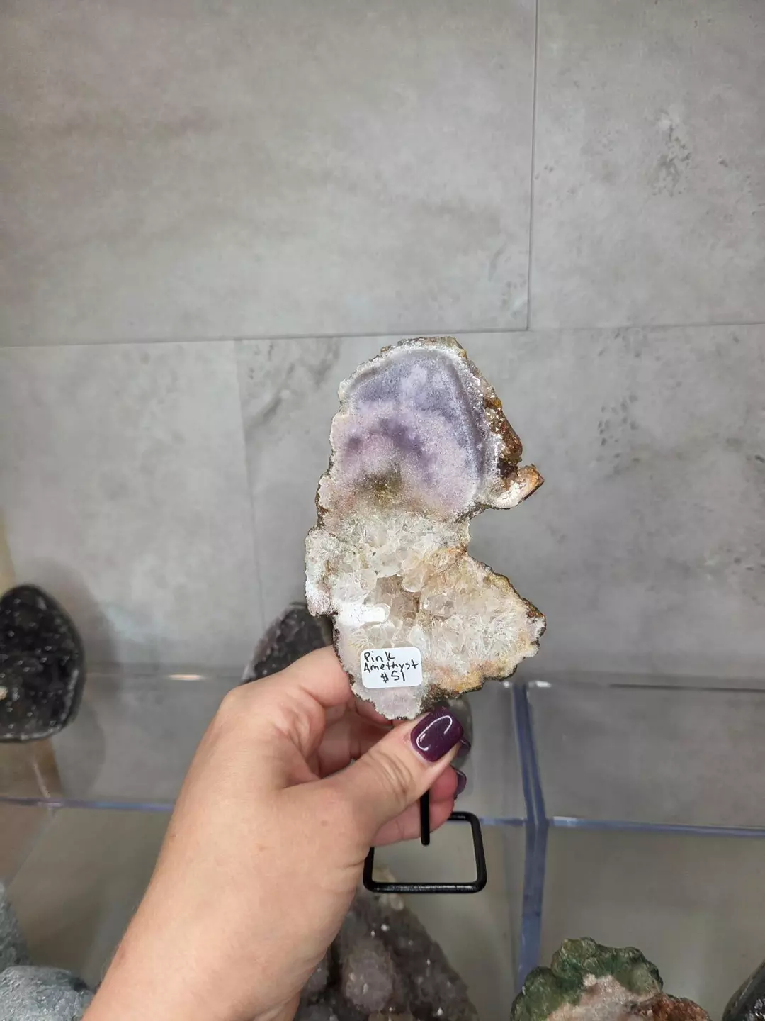 Pink Amethyst Slice on Stand OP $51 thumbnail