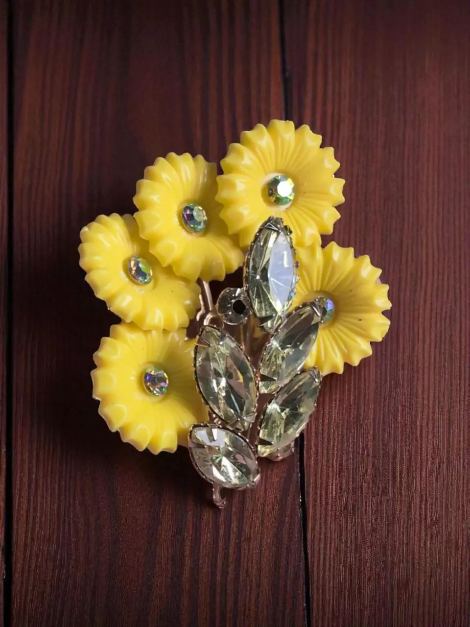 Vintage Yellow Lucite Flower Brooch with Aurora Borealis Rhinestones thumbnail