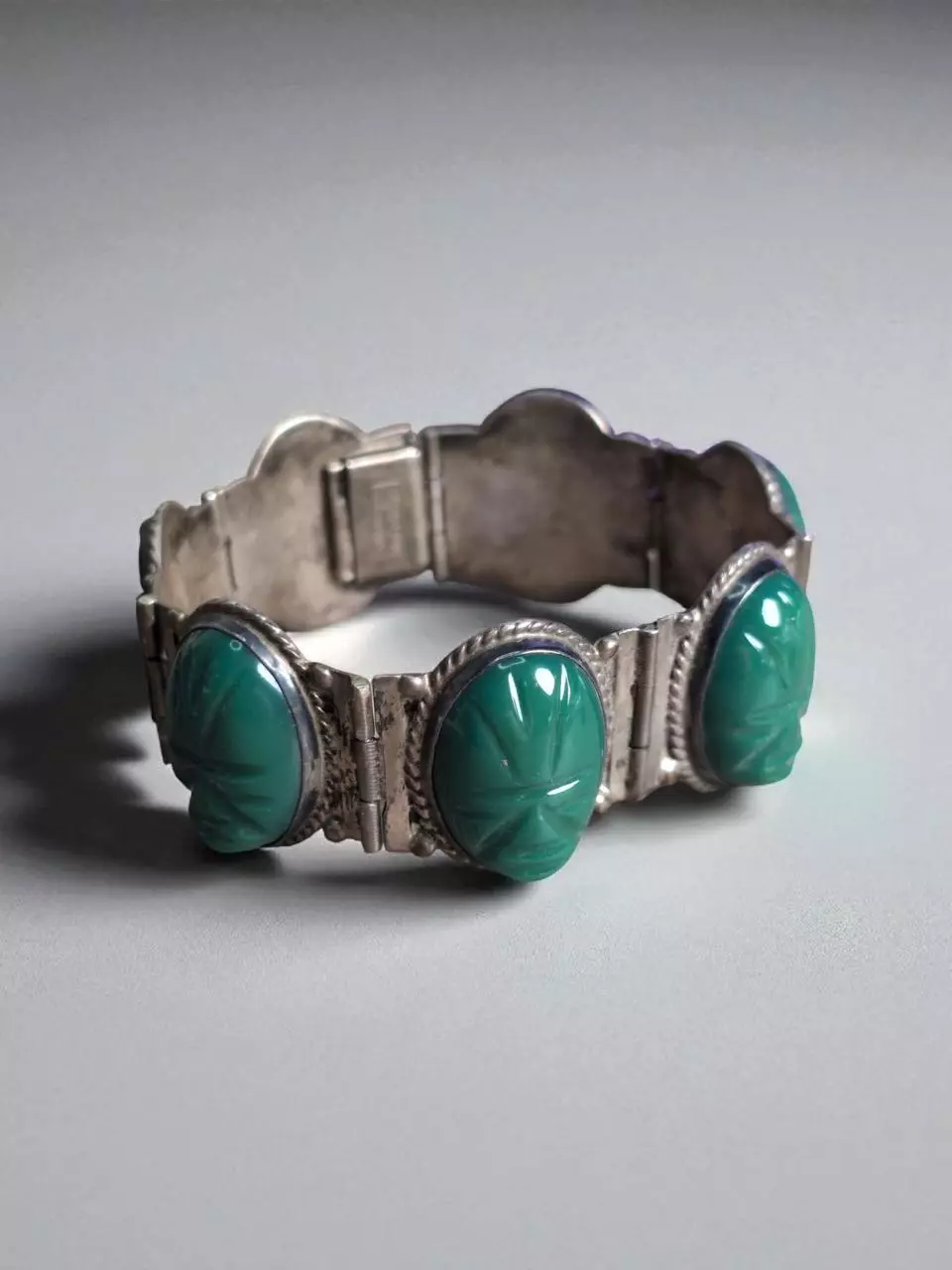 Vintage Mexican Sterling Panel Bracelet with Green Onyx thumbnail
