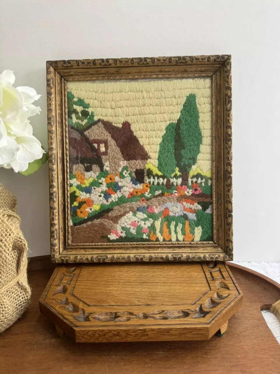 Framed crewel embroidery art piece cottage with garden thumbnail