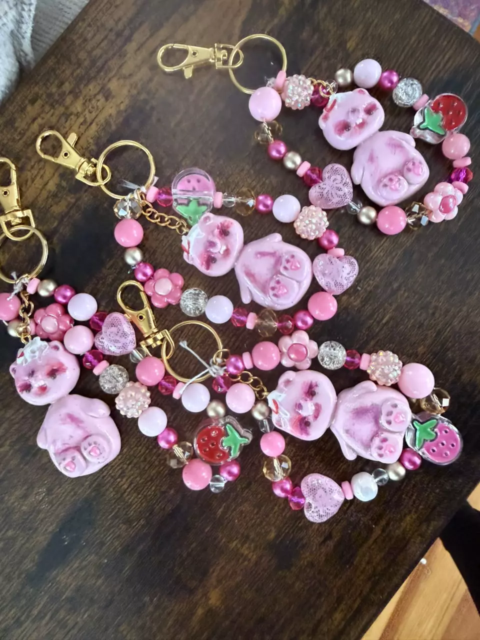 Handmade Polymer Clay Keychain Bag Charm Strawberry Bear thumbnail