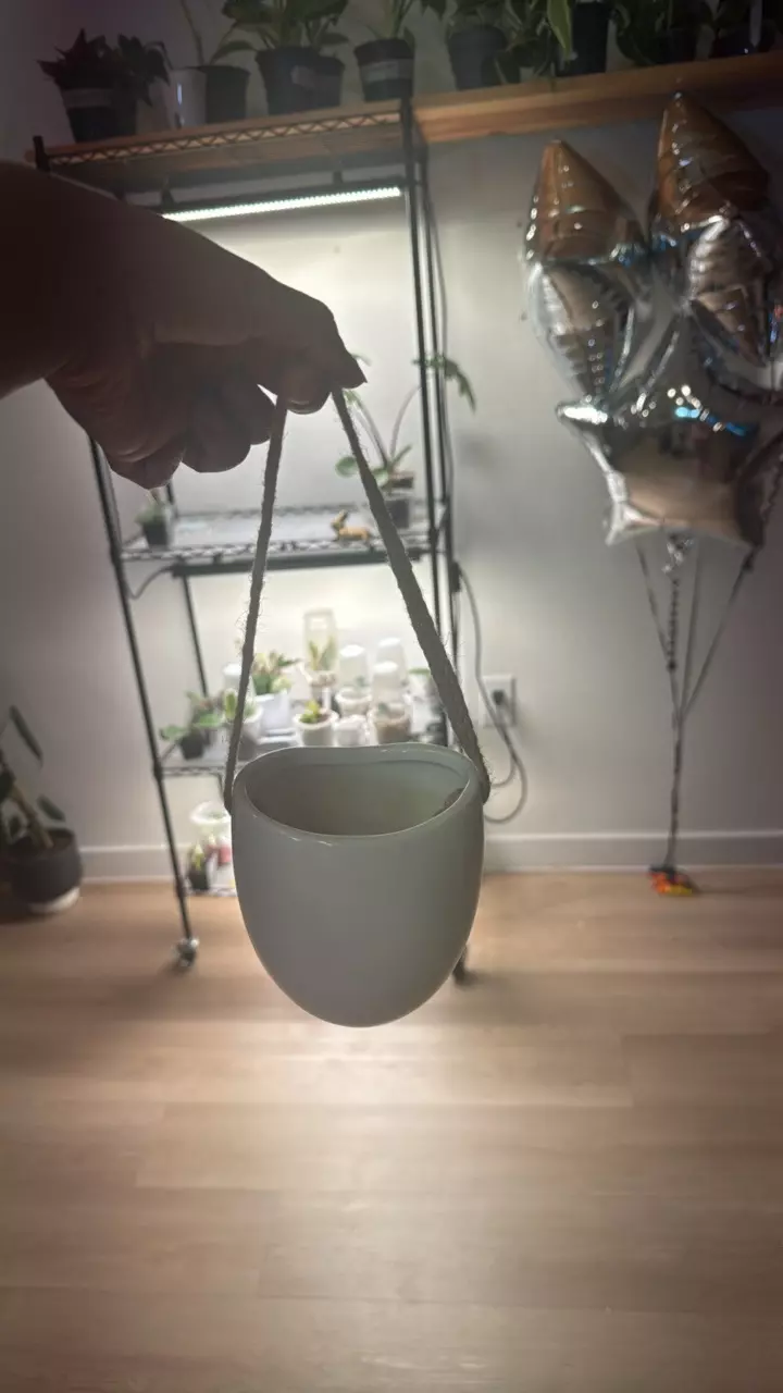hanging pot 4” white ceramic with twine handle thumbnail
