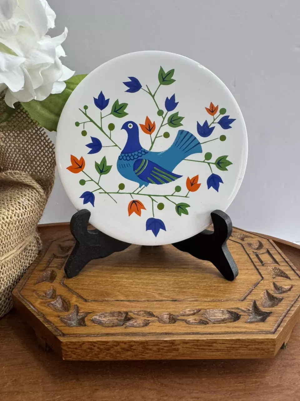 H&R Johnson ceramic tile trivet with a blue bird design thumbnail