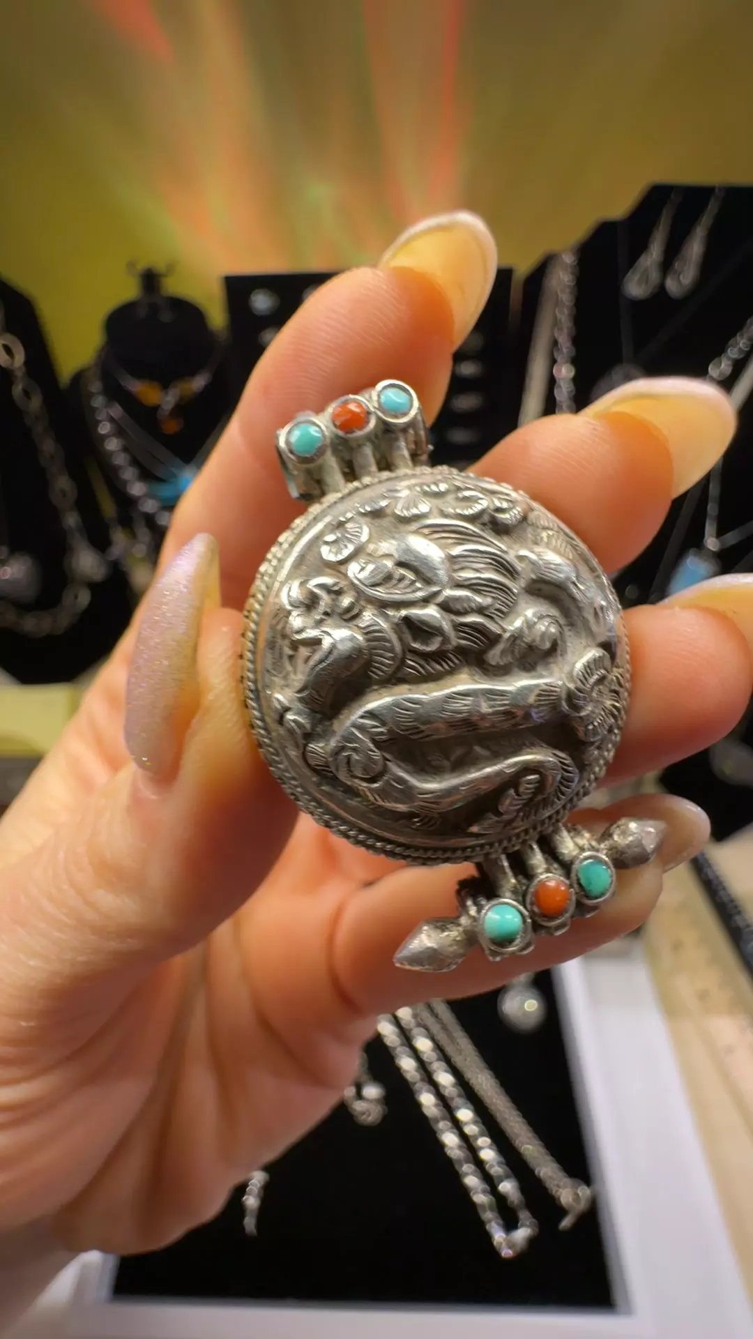 Vintage sterling Tibetan prayer box pendant thumbnail