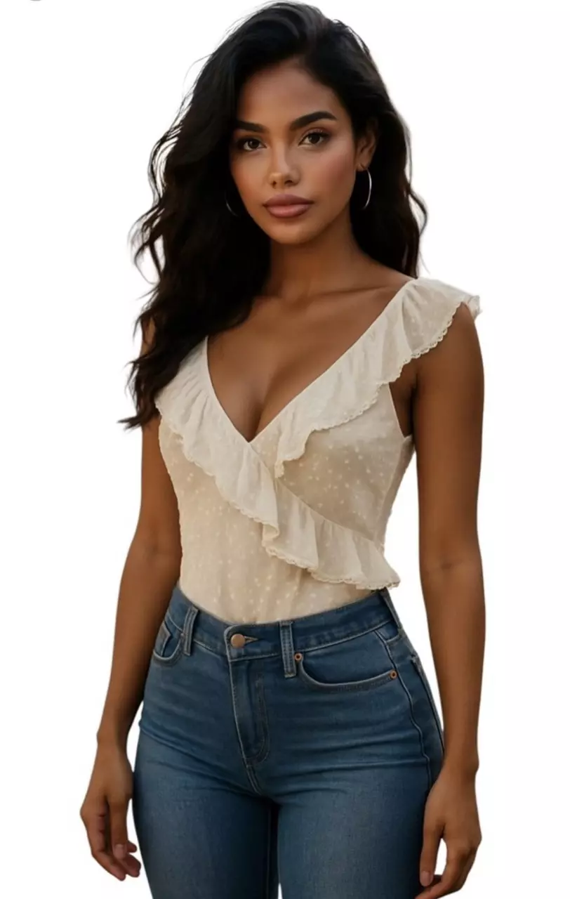 Elegant Cream Swiss Dot Ruffle Bodysuit XL thumbnail