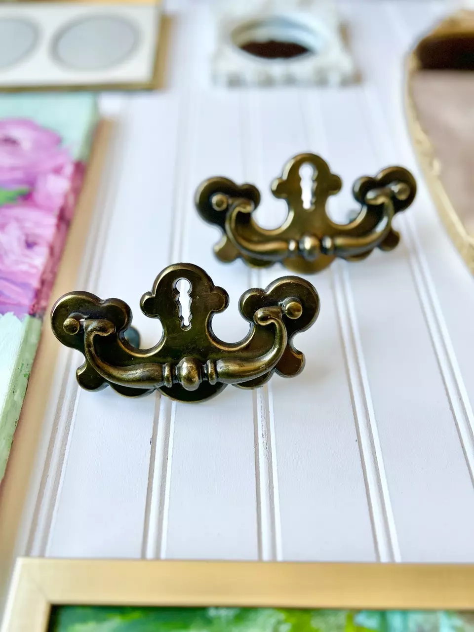 Pair of vintage brass drawer pulls 5.5 x 3 thumbnail