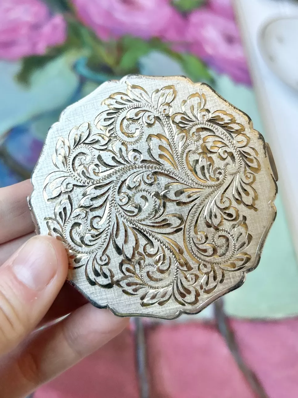 Vintage silver plated Stratton compact 3” ENGLAND thumbnail