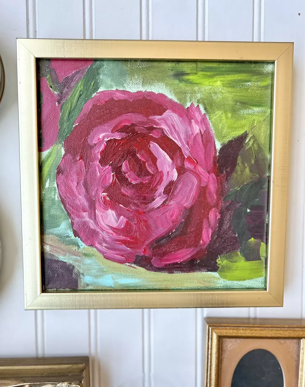 Original acrylic rose painting in gold frame #1 9x9” thumbnail