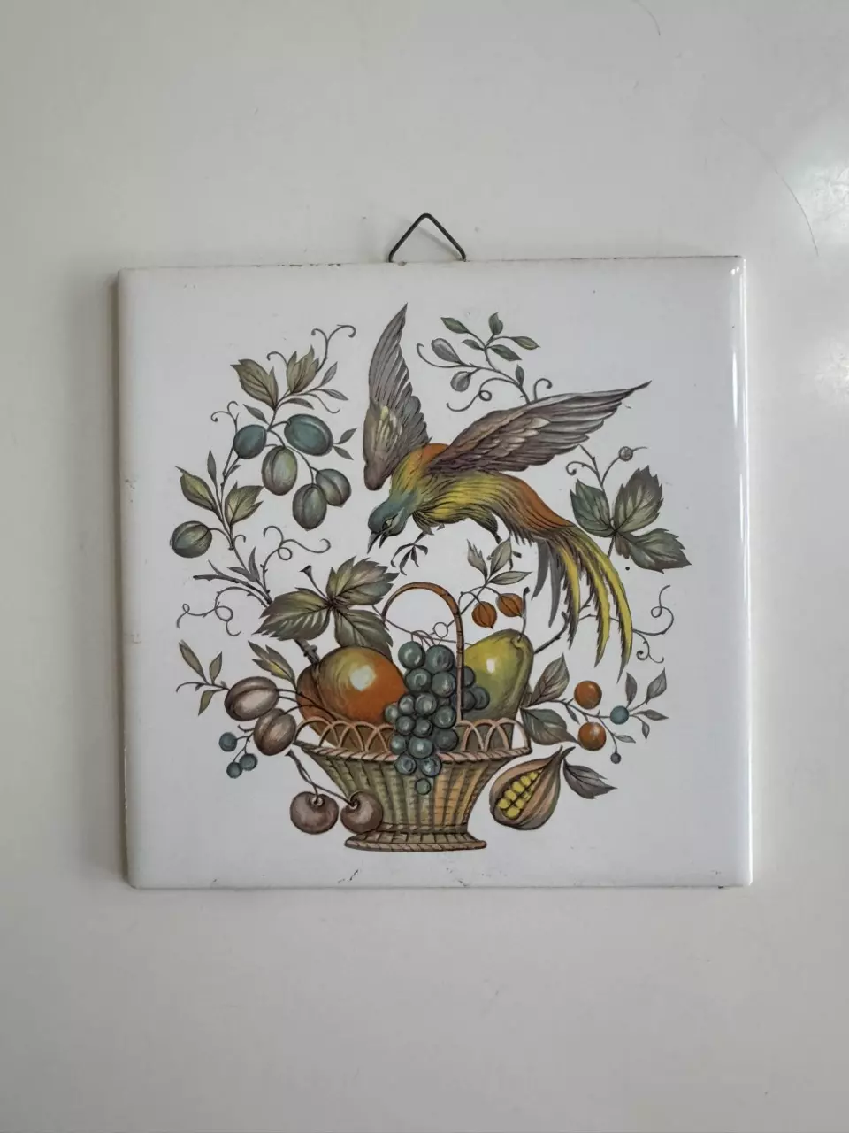 bird with fruit basket tile trivet wall hanging thumbnail