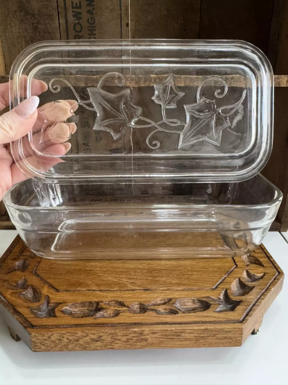 Vintage Hazel Atlas Refrigerator Dish with lid Ivy Pattern thumbnail