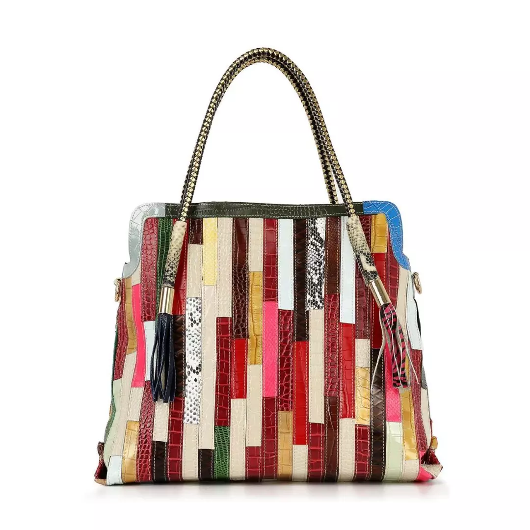 Colorful Genuine Leather Patchwork Tote thumbnail