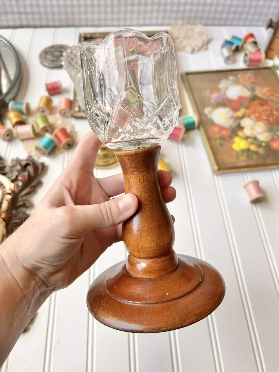 Hand turned wooden candlestick holder with scalloped glass thumbnail