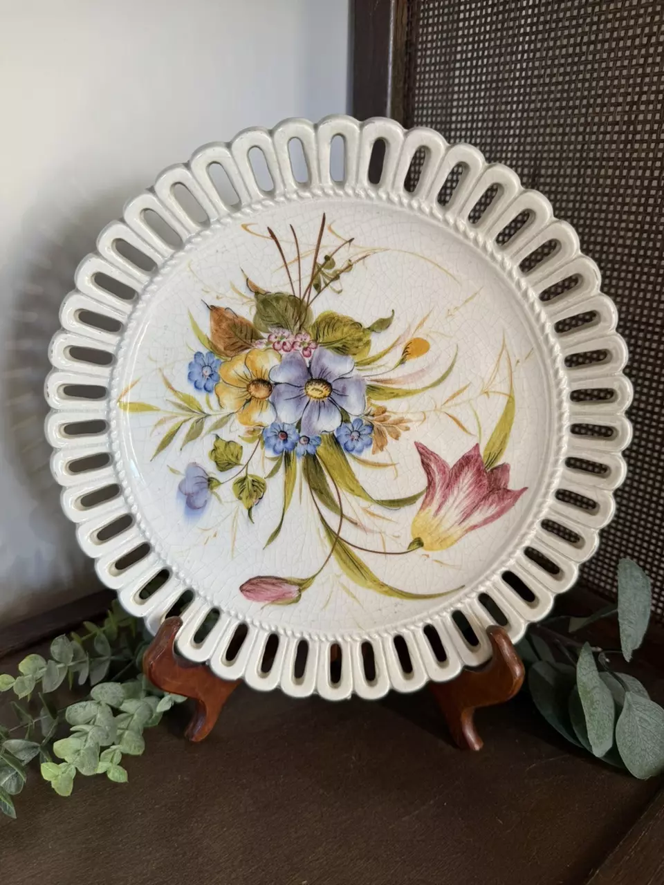 Vintage Italian Ceramic Reticulated Floral Wall Plate #2 thumbnail