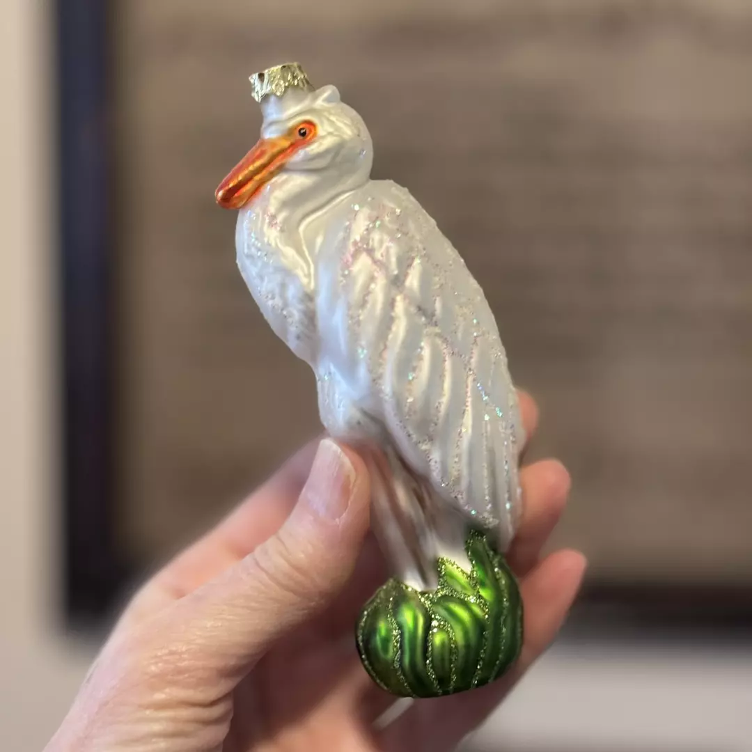 white Heron Glass Ornament thumbnail