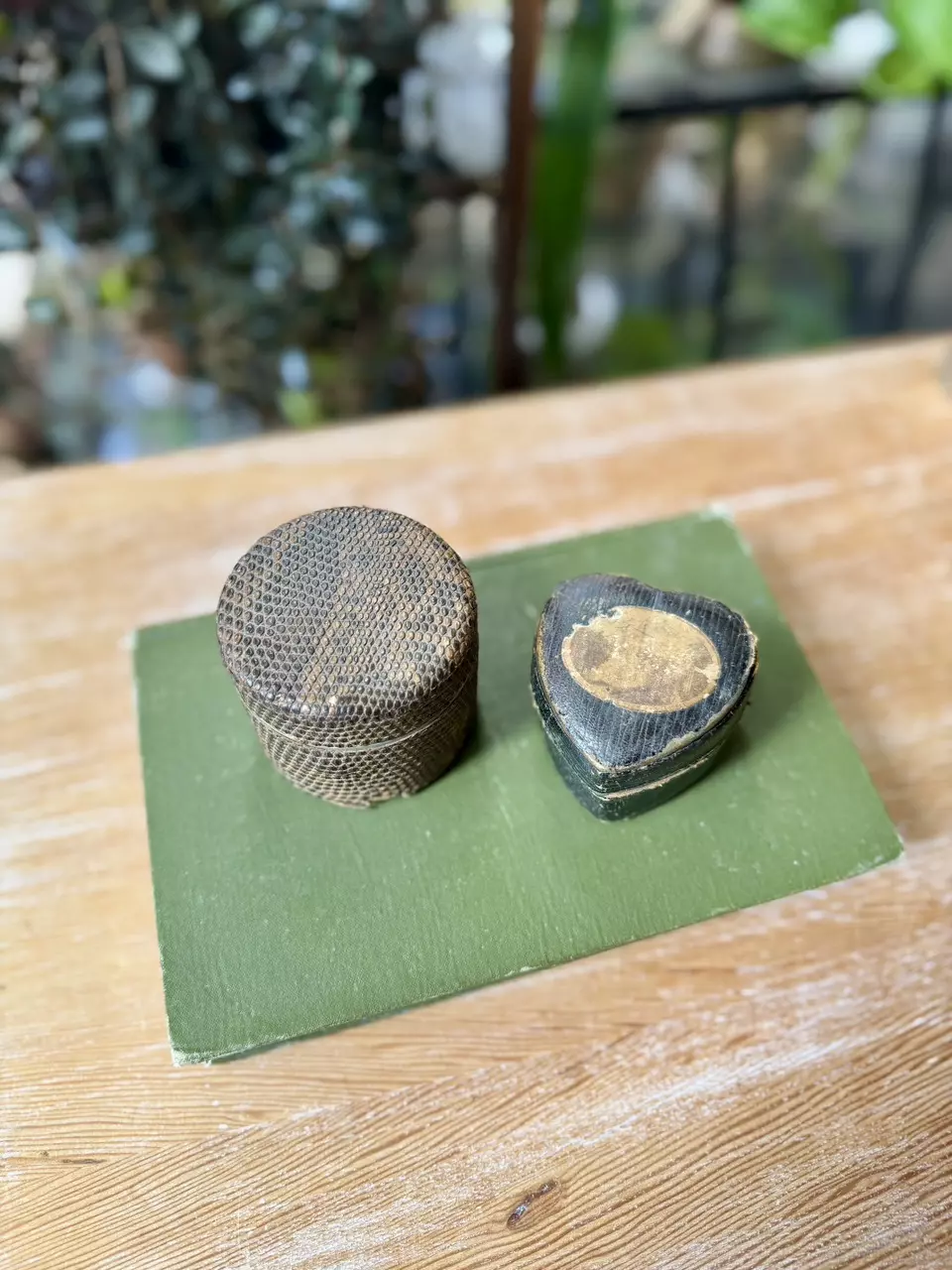 Large round antique leather encased inkwell thumbnail