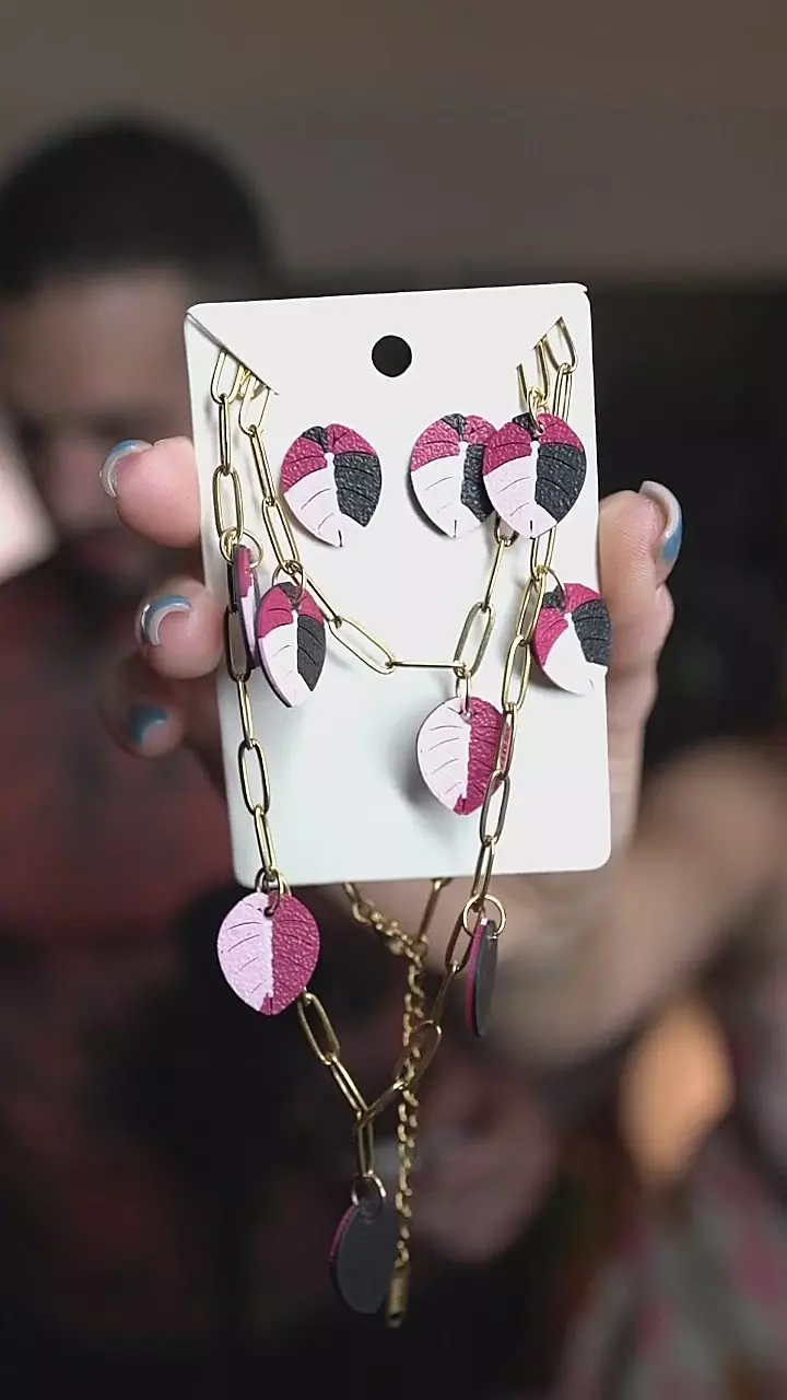 Pink Black Velvet Set - Necklace, bracelet and studs - Golde thumbnail