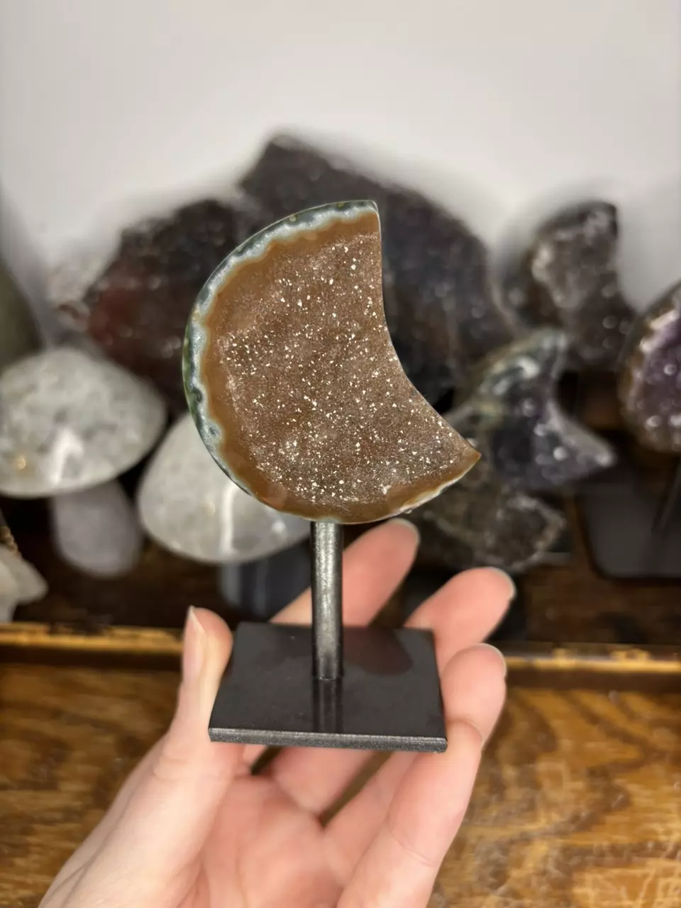 Hand Carved Amethyst Moon on stand from Uruguay 24 thumbnail